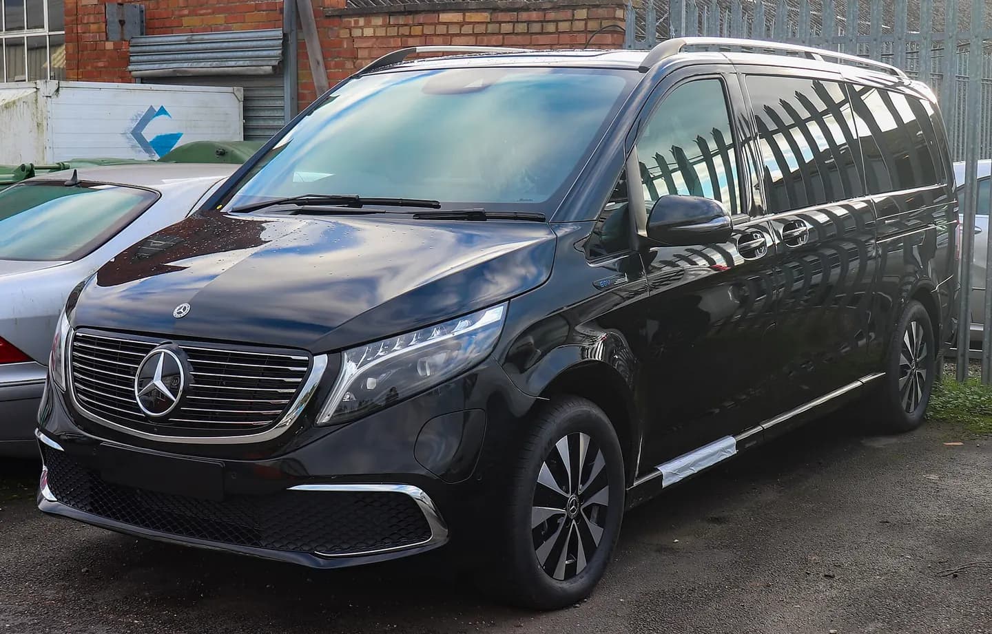 Black Mercedes EQV, front three-quarter view